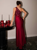 one-shoulder formal evening gown with asymmetric sequin bodice, smooth floor-length skirt, fitted mermaid column silhouette, ruched waist and hip, wrap front overlay and high thigh slit in multiple colors image 7