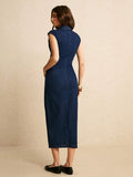 Back view dark wash denim midi shirt dress