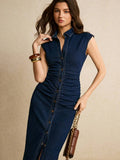 Dark wash denim dress with button front slit
