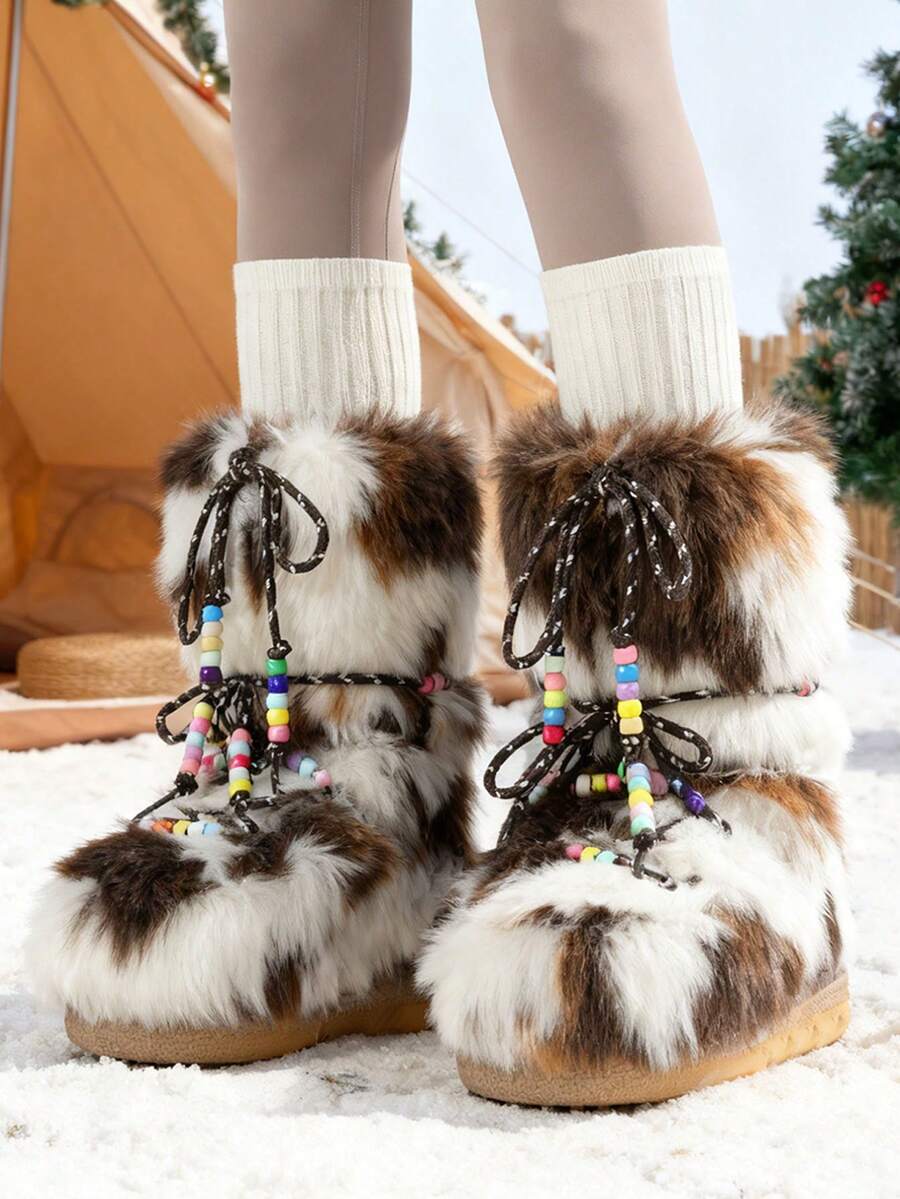 Heel view of Cozy Chic: Women's Winter Faux Fur Snow Boots with Chunky Heel and Lace-Up Design for punk motorcycle boot styling