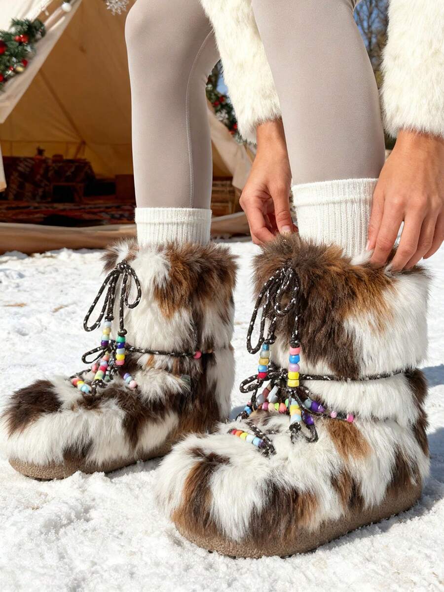 Color option view of Cozy Chic: Women's Winter Faux Fur Snow Boots with Chunky Heel and Lace-Up Design for punk motorcycle boot styling
