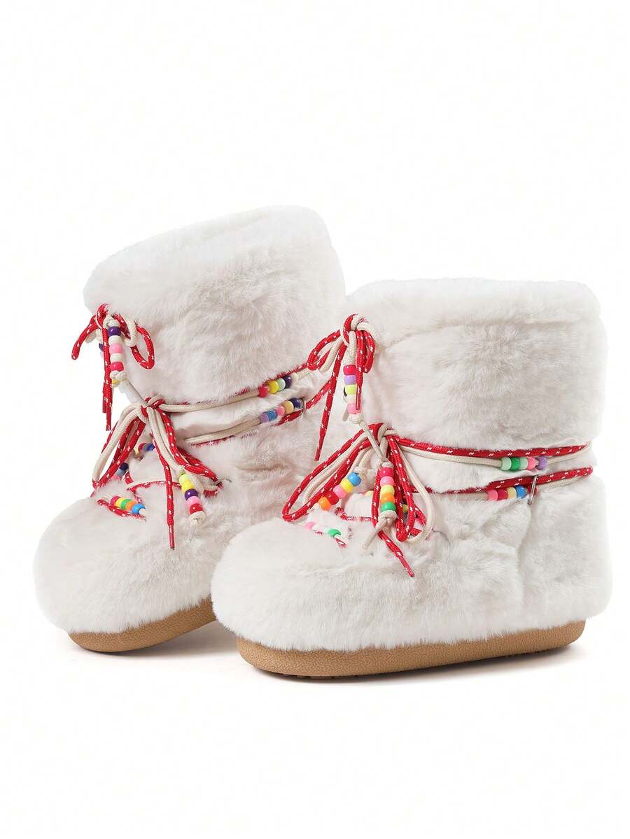 Front view of Cozy Chic: Women's Winter Faux Fur Snow Boots with Chunky Heel and Lace-Up Design for punk motorcycle boot styling