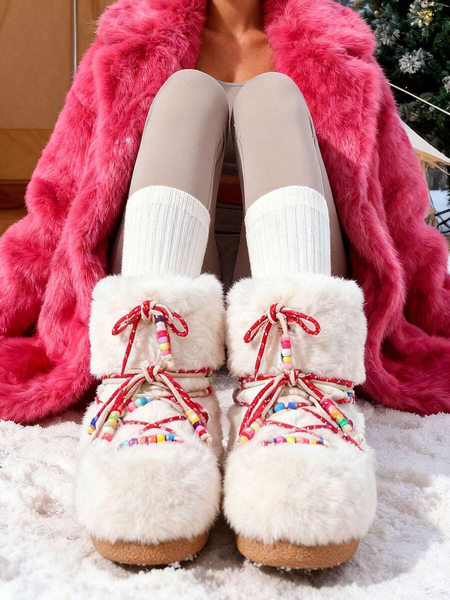 Front view of Cozy Chic: Women's Winter Faux Fur Snow Boots with Chunky Heel and Lace-Up Design for punk motorcycle boot styling