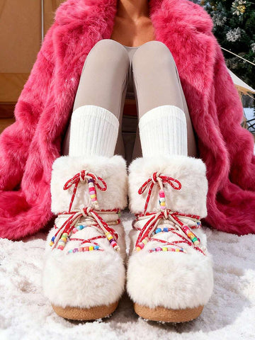 Front view of Cozy Chic: Women's Winter Faux Fur Snow Boots with Chunky Heel and Lace-Up Design for punk motorcycle boot styling