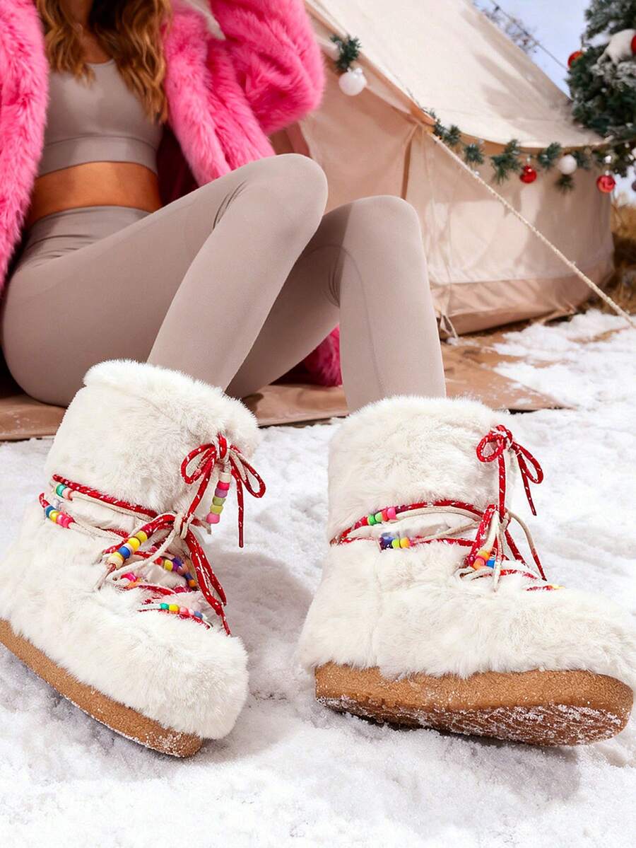 Back view of Cozy Chic: Women's Winter Faux Fur Snow Boots with Chunky Heel and Lace-Up Design for punk motorcycle boot styling