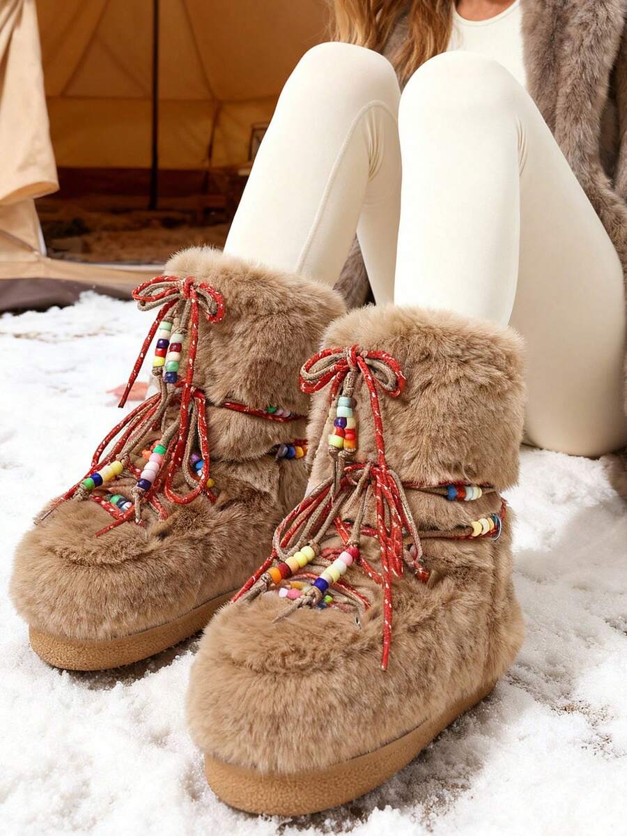 Slip-on view of Cozy Chic: Women's Winter Faux Fur Snow Boots with Chunky Heel and Lace-Up Design for punk motorcycle boot styling