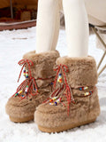 Front view of Cozy Chic: Women's Winter Faux Fur Snow Boots with Chunky Heel and Lace-Up Design for punk motorcycle boot styling