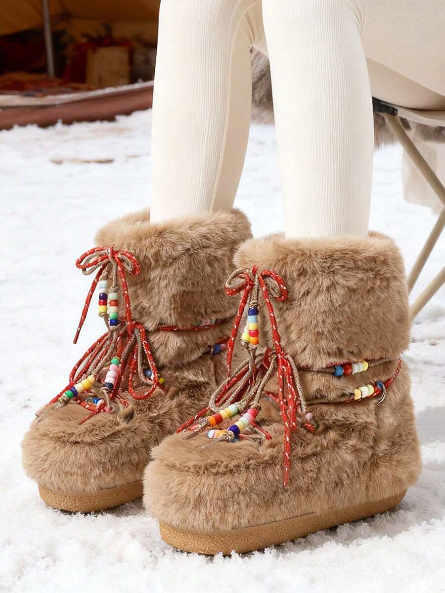 Front view of Cozy Chic: Women's Winter Faux Fur Snow Boots with Chunky Heel and Lace-Up Design for punk motorcycle boot styling
