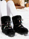Heel view of Cozy Chic: Women's Winter Faux Fur Snow Boots with Chunky Heel and Lace-Up Design for punk motorcycle boot styling