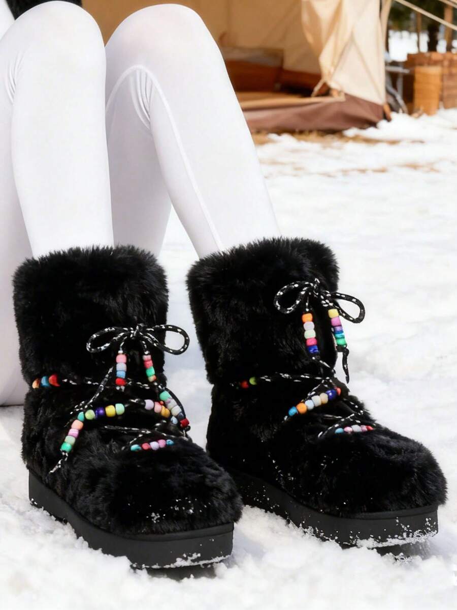 Heel view of Cozy Chic: Women's Winter Faux Fur Snow Boots with Chunky Heel and Lace-Up Design for punk motorcycle boot styling