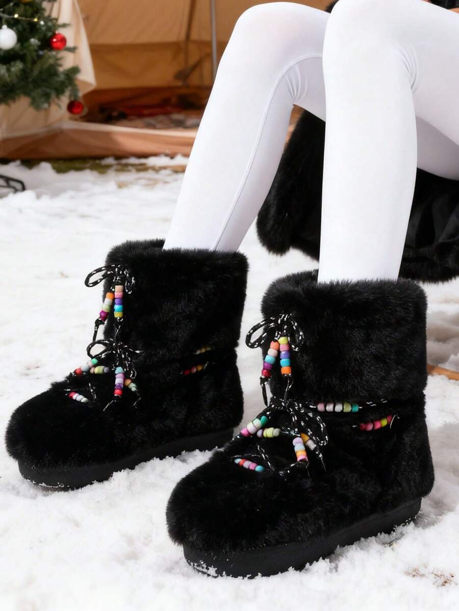 Side view of Cozy Chic: Women's Winter Faux Fur Snow Boots with Chunky Heel and Lace-Up Design for punk motorcycle boot styling
