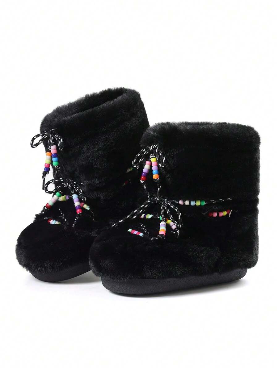 Back view of Cozy Chic: Women's Winter Faux Fur Snow Boots with Chunky Heel and Lace-Up Design for punk motorcycle boot styling