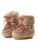 Outsole view of Cozy Chic: Women's Winter Faux Fur Snow Boots with Chunky Heel and Lace-Up Design for punk motorcycle boot styling