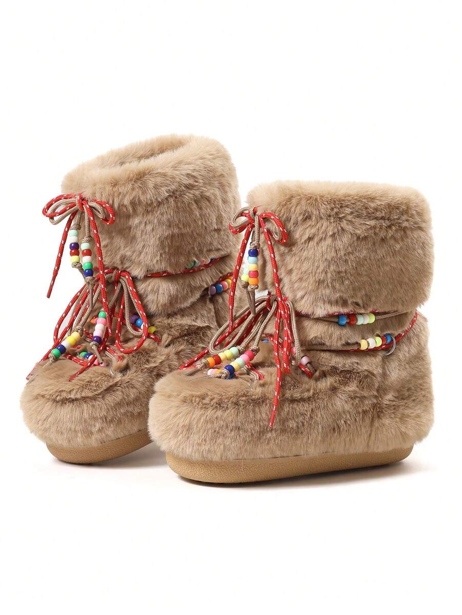 Outsole view of Cozy Chic: Women's Winter Faux Fur Snow Boots with Chunky Heel and Lace-Up Design for punk motorcycle boot styling