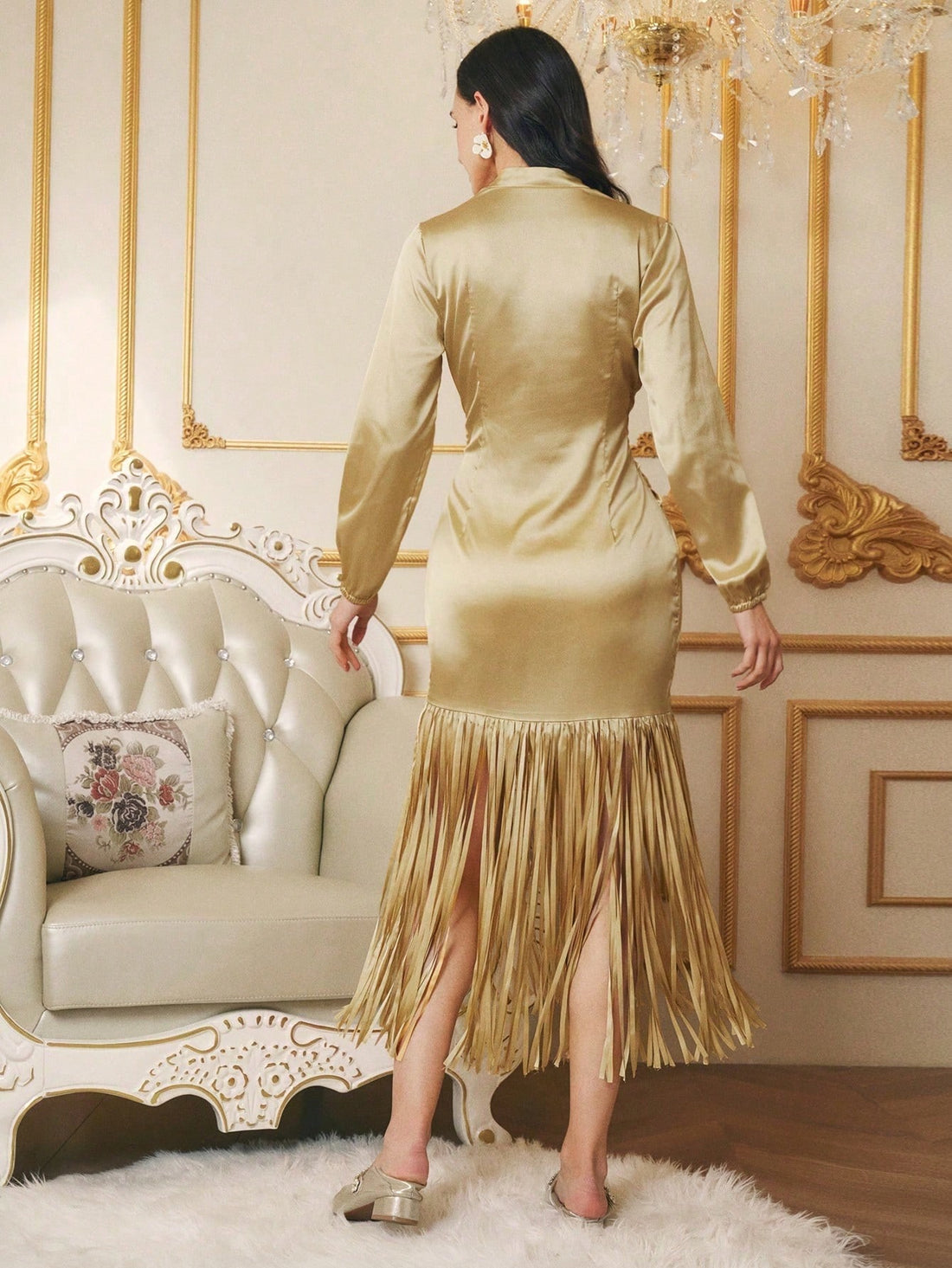 Slip into sophistication with this stunning champagne bodycon dress that hugs you in all the right ways. The cascading fringe detail adds movement and flair, transforming every twirl into a showstopper moment. Whether you're celebrating the holidays, hitting a party, or ringing in the new year, this dress delivers glamour with a playful edge. The fitted silhouette flatters your figure while the luxe champagne hue complements every skin tone. Get ready to turn heads and feel absolutely fabulous.