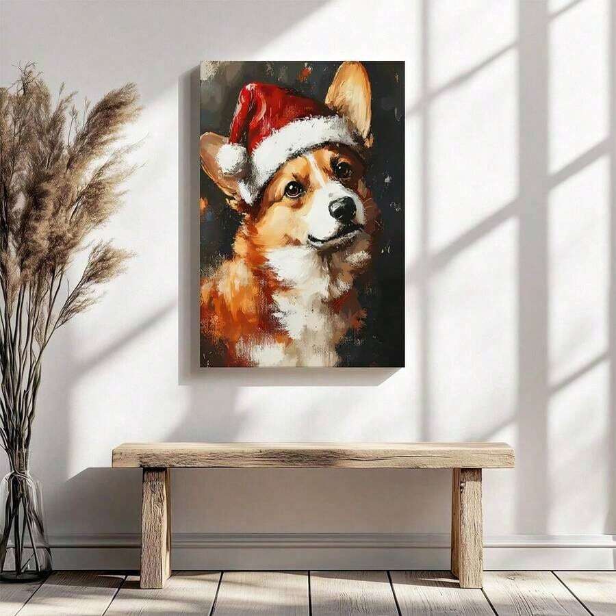 Santa-hat Pembroke Welsh Corgi Christmas canvas art on a tabletop