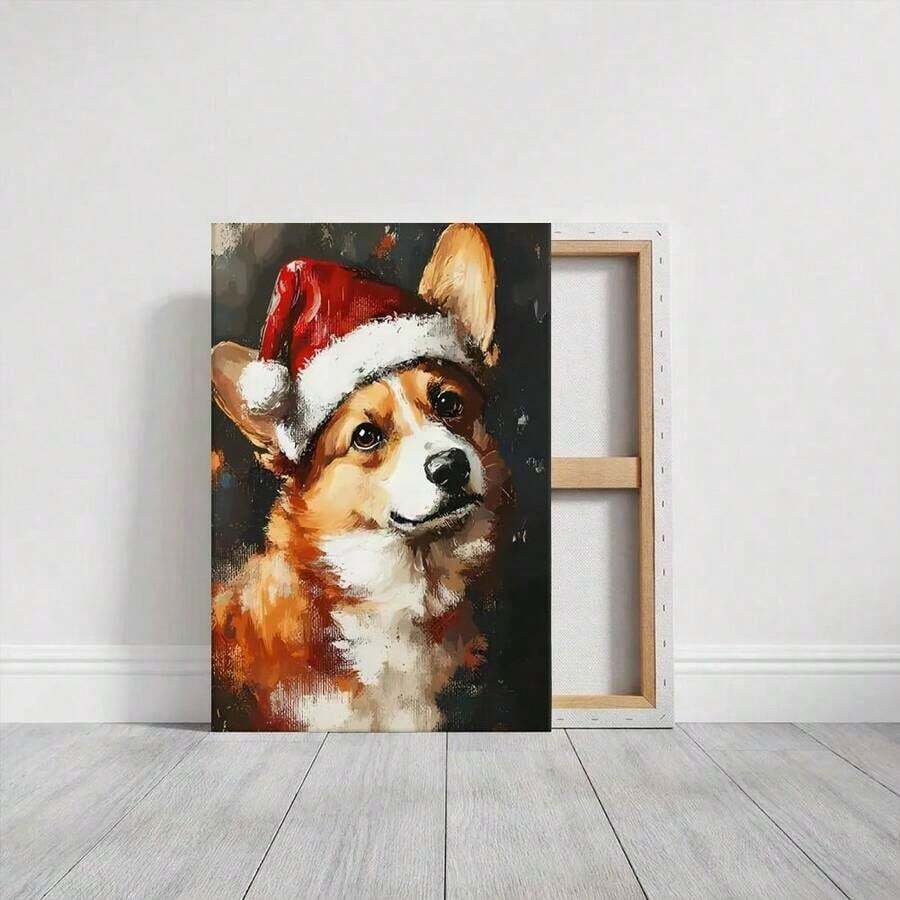 Back view of Corgi Christmas canvas with wood stretcher frame