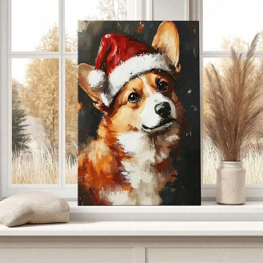 Corgi Christmas canvas art in a window-seat room setting