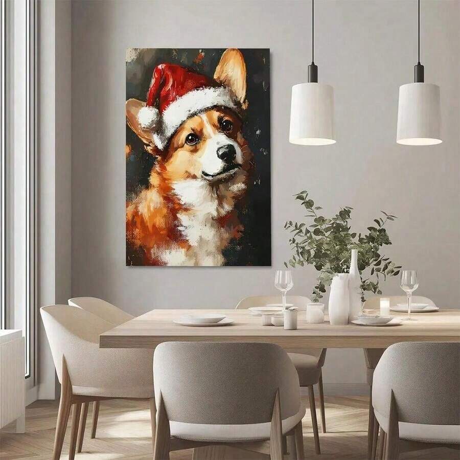 Santa-hat Corgi canvas wall art in a dining room
