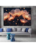 Golden flower wall art above gray sofa in modern living room