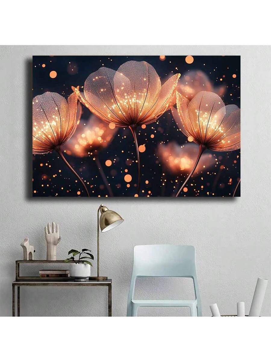 Golden botanical wall art above desk in home office corner