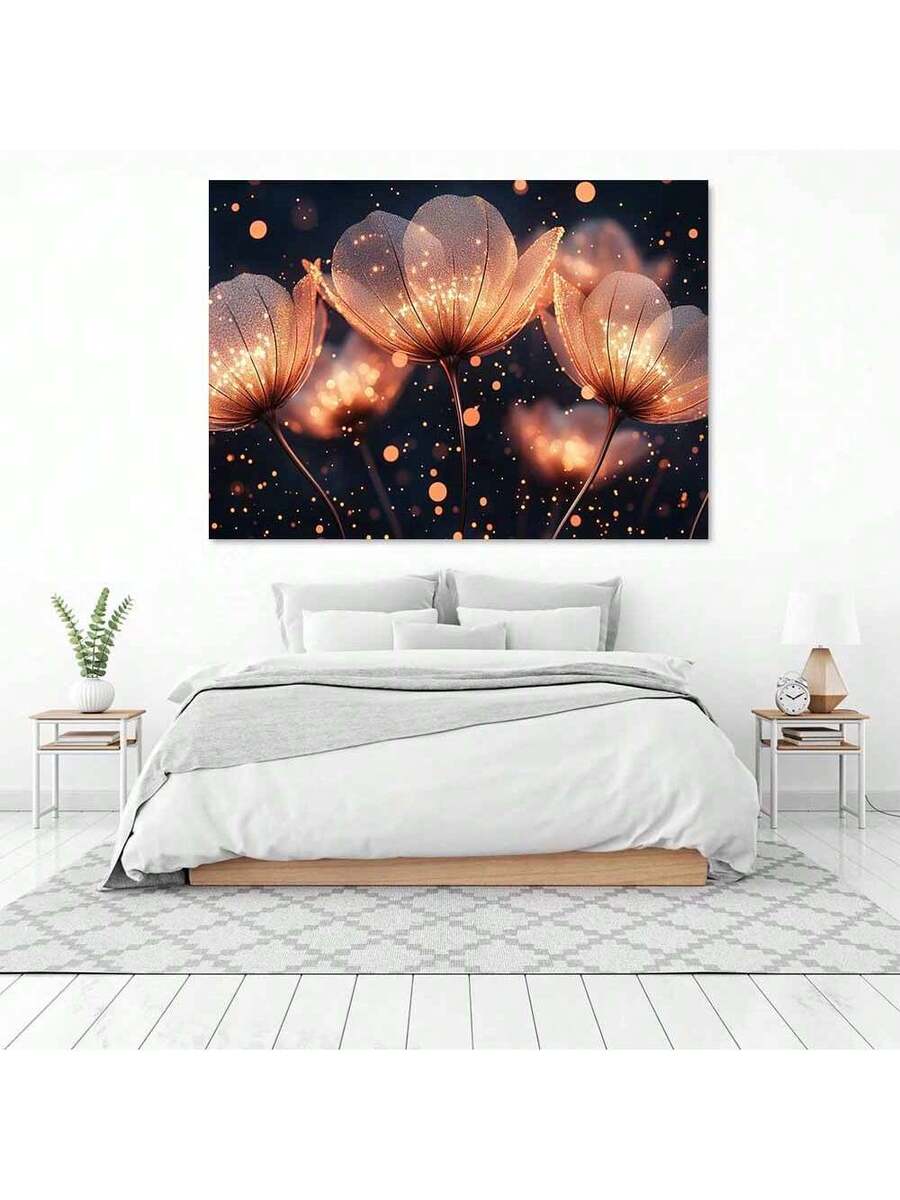 Glowing floral canvas print above white bed in bedroom