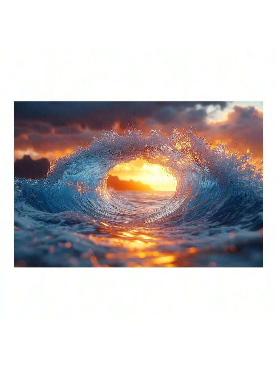 Product view of sunset ocean wave canvas wall art with blue water and orange sky