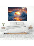 Bedroom view of sunset wave canvas print above bed in bright room