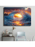Desk corner view of coastal wave wall decor beside chair and plant
