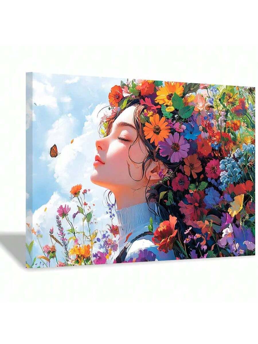 Floral woman portrait canvas wall art with flower hair and butterfly