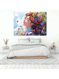 Bedroom mockup with floral woman portrait canvas above white bed