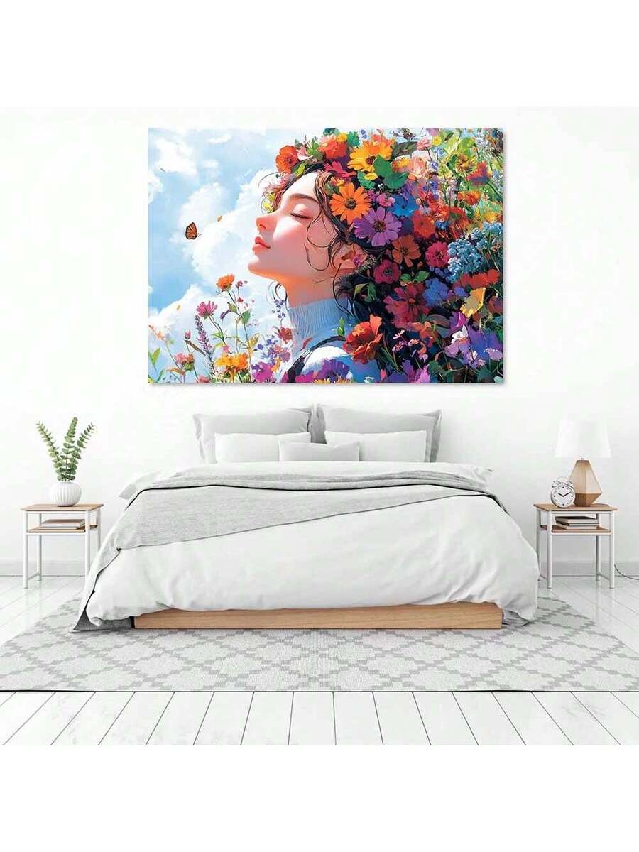 Bedroom mockup with floral woman portrait canvas above white bed