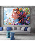 Living room mockup with floral woman canvas wall art above gray sofa