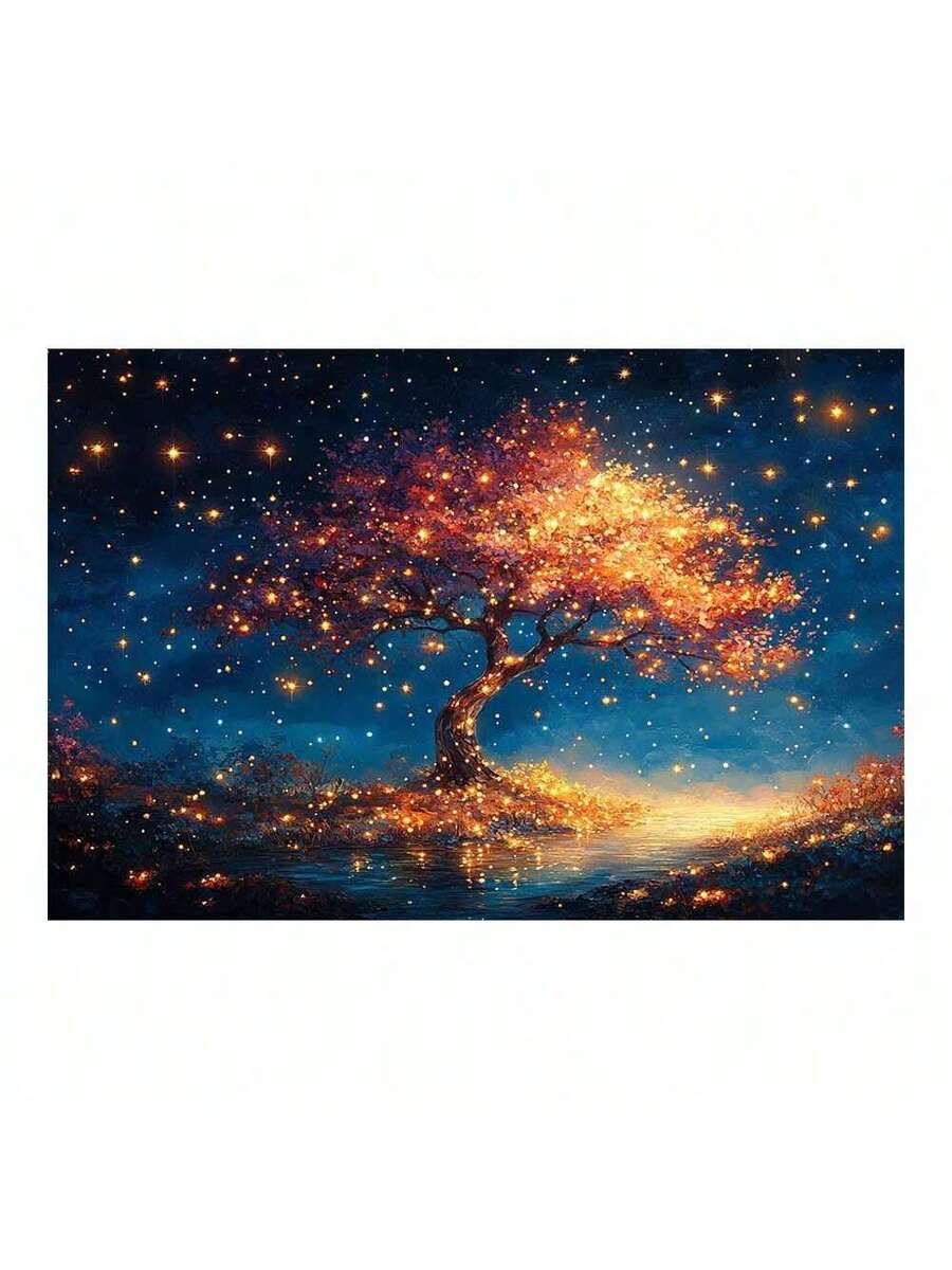 Glowing fantasy tree canvas wall art with starry sky and water reflection