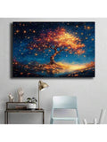 Starry night tree wall art above console in workspace corner