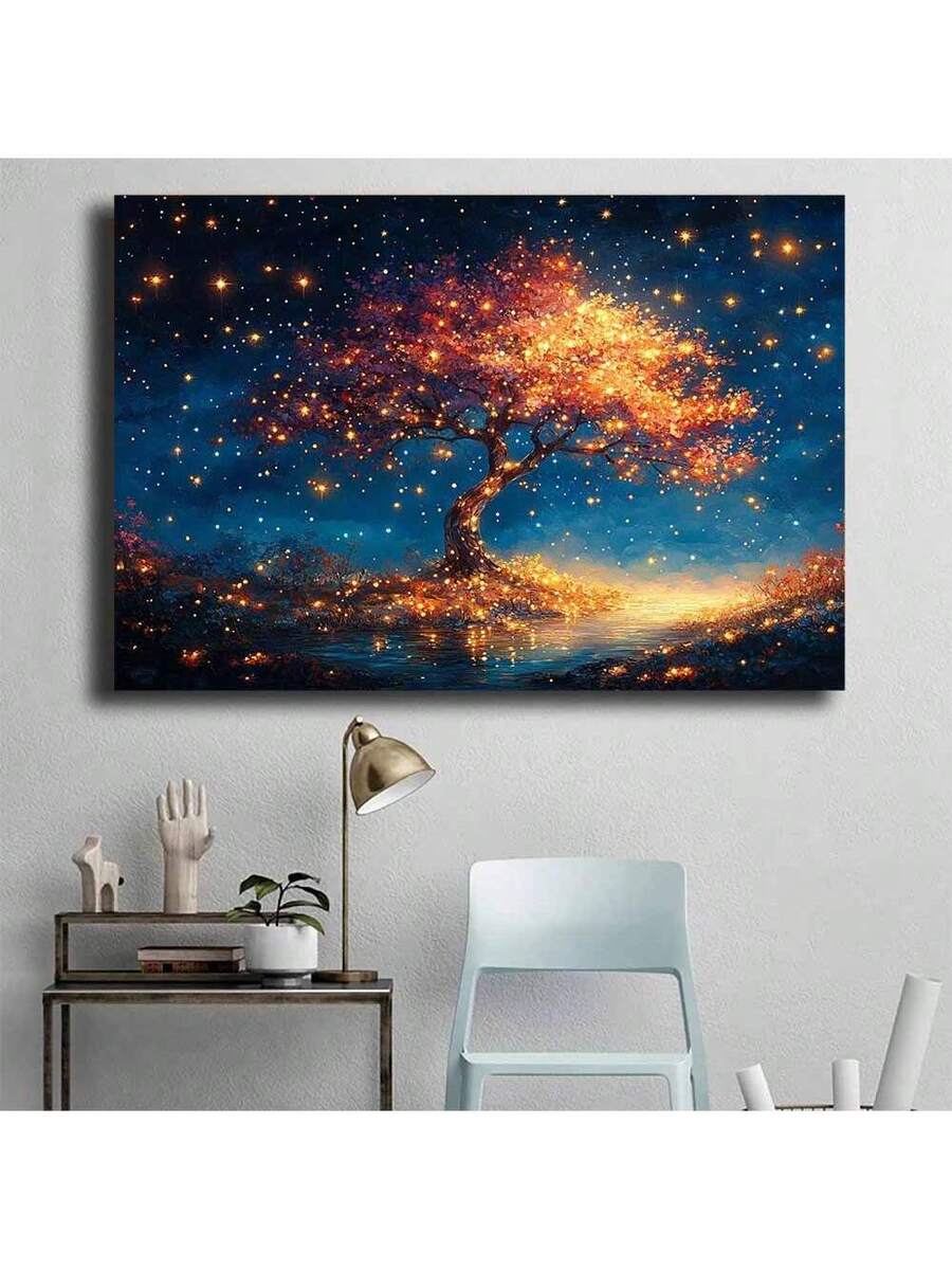 Starry night tree wall art above console in workspace corner