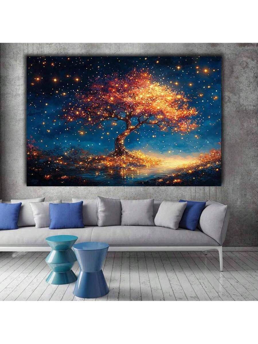 Fantasy tree wall art above gray sofa in modern living room