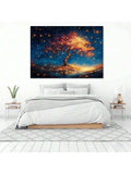 Glowing tree canvas print above white bed in calm bedroom