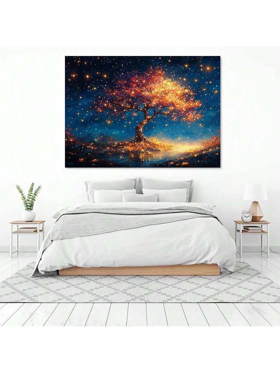 Glowing tree canvas print above white bed in calm bedroom