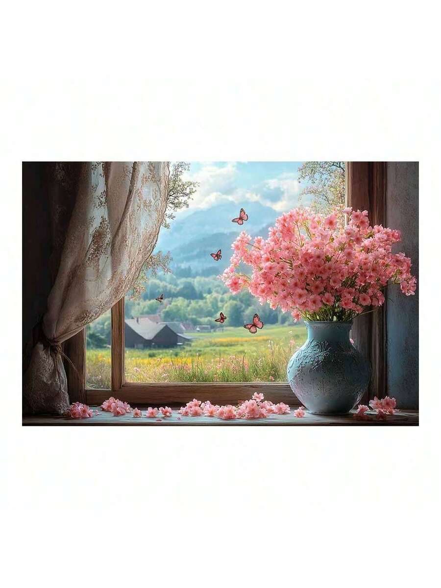 Product view of pink floral bouquet canvas wall art with blue vase and window view
