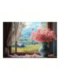 Product view of pink floral bouquet canvas wall art with blue vase and window view