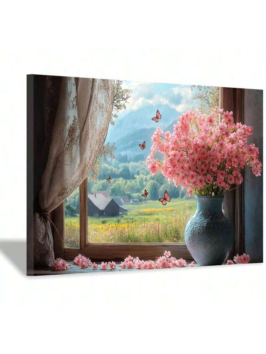 Product view of pink floral bouquet canvas wall art with blue vase and window view