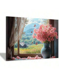 Angled view of gallery-wrapped floral bouquet canvas print with countryside scene