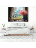Bedroom view of floral window view canvas print above white bed