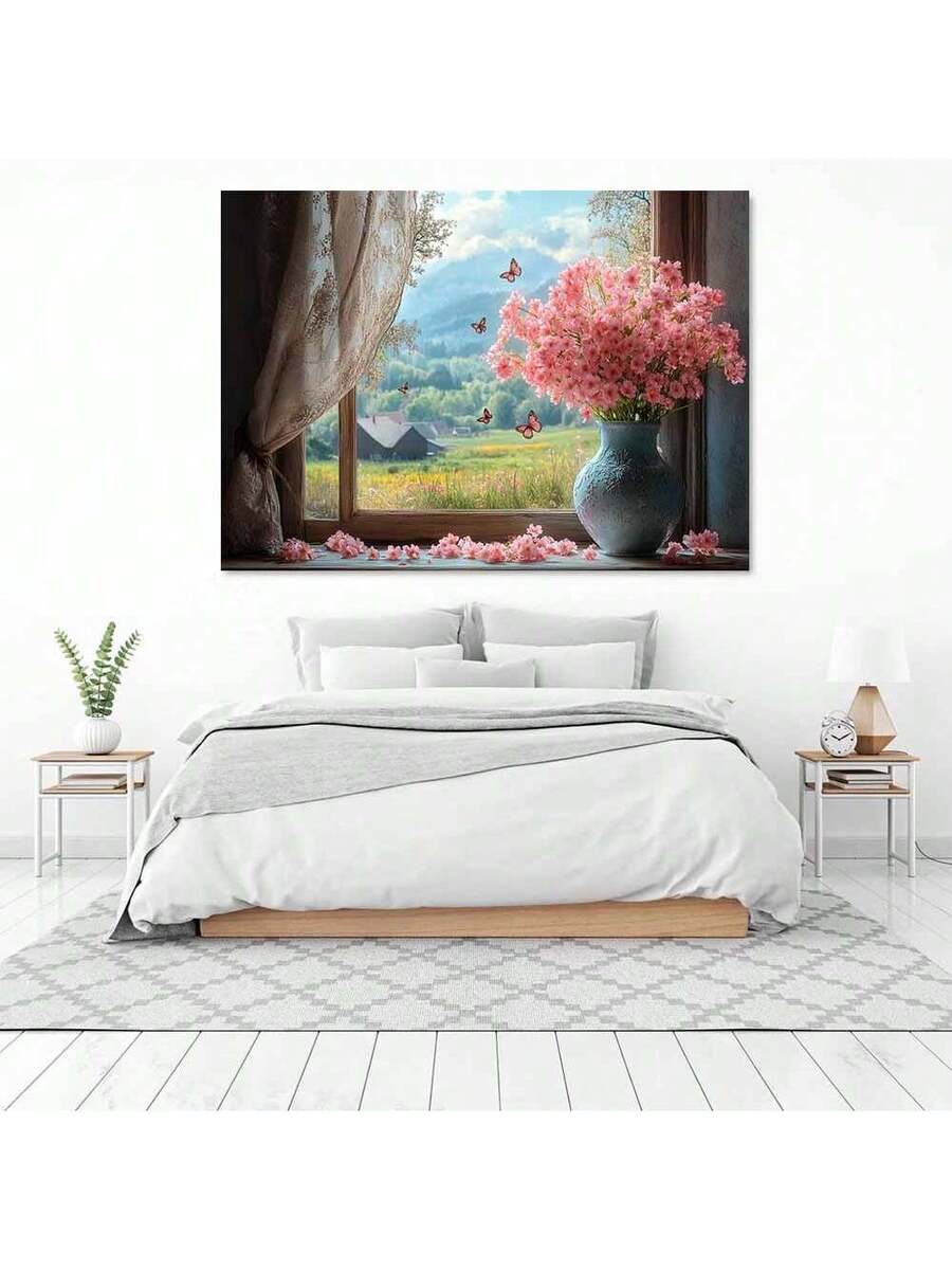Bedroom view of floral window view canvas print above white bed