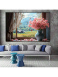 Living room view of pink flower vase wall art above white sofa
