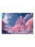 Product view of pink fantasy castle canvas wall art with cherry blossoms and lake