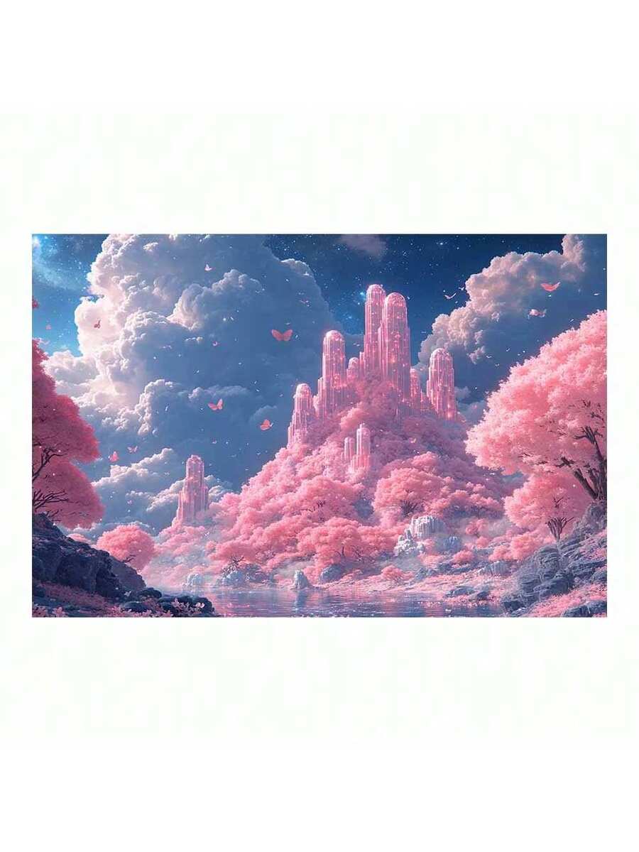 Product view of pink fantasy castle canvas wall art with cherry blossoms and lake