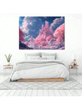 Bedroom view of pastel fantasy city canvas print above white bed