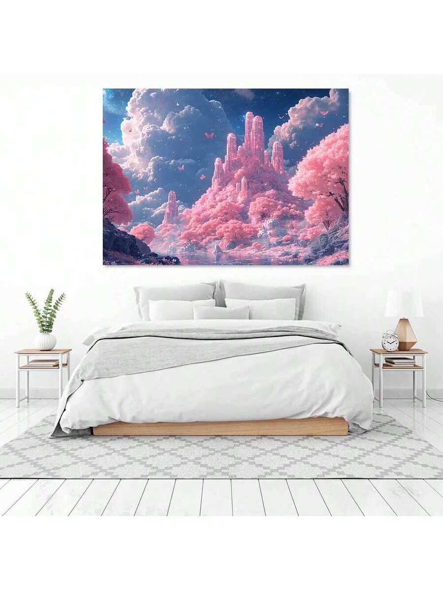 Bedroom view of pastel fantasy city canvas print above white bed